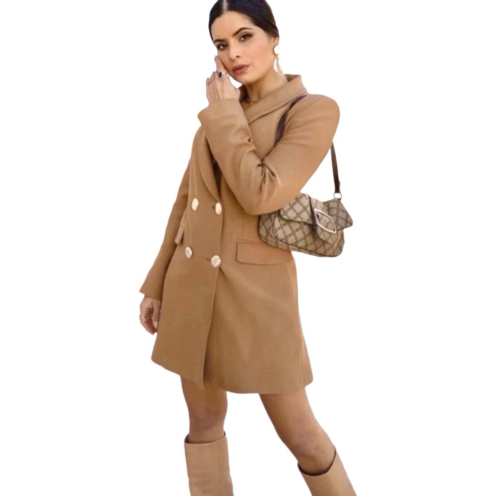 Zara Bloggers Favorite Camel Double Breasted Frock Coat Size Medium NWT